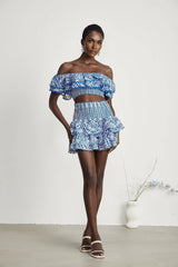Amelia Top & Skirt Set - Off The Shoulder - Ruffled Detailing - Stretch Jersey - Tiered Design - Pattern Print