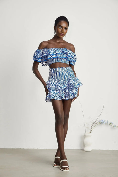Amelia Top & Skirt Set - Off The Shoulder - Ruffled Detailing - Stretch Jersey - Tiered Design - Pattern Print