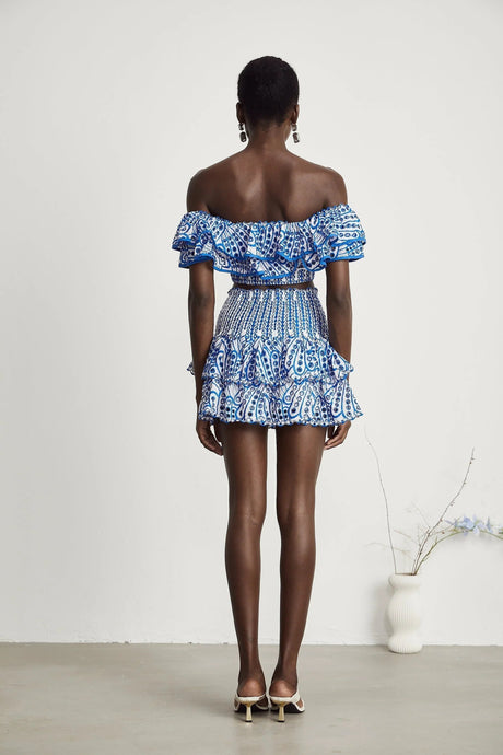 Amelia Top & Skirt Set - Off The Shoulder - Ruffled Detailing - Stretch Jersey - Tiered Design - Pattern Print