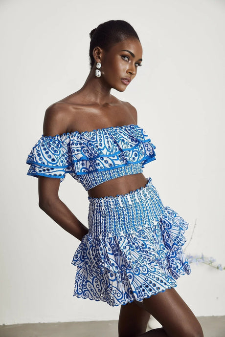 Amelia Top & Skirt Set - Off The Shoulder - Ruffled Detailing - Stretch Jersey - Tiered Design - Pattern Print