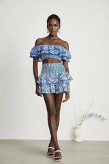 Amelia Top & Skirt Set - Off The Shoulder - Ruffled Detailing - Stretch Jersey - Tiered Design - Pattern Print