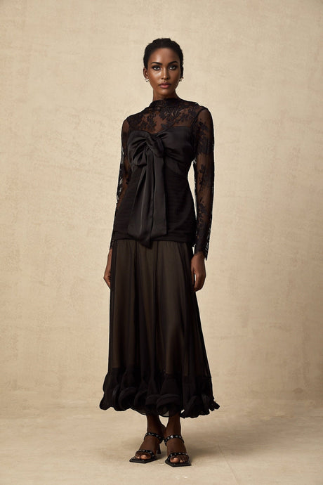 Amélie black midi dress with sheer floral lace panels and sleeves
