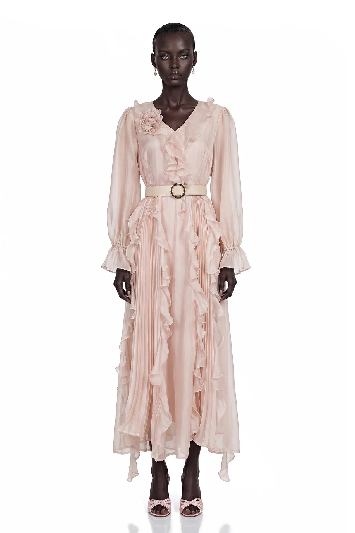Amélie Pink VNeck Floral Ruffled Maxi Dress With Bell Sleeves