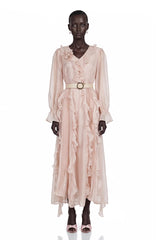Amélie Pink VNeck Floral Ruffled Maxi Dress With Bell Sleeves