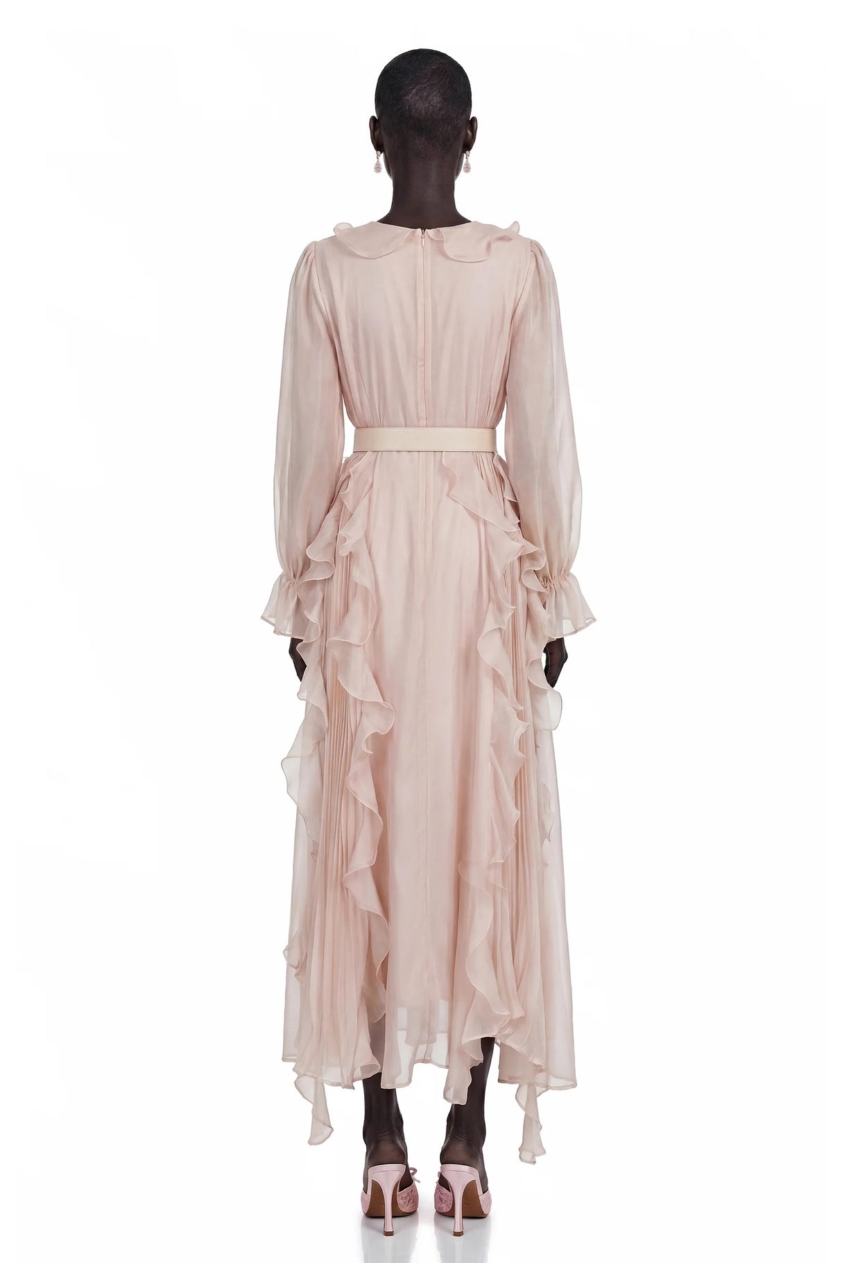 Amélie Pink VNeck Floral Ruffled Maxi Dress With Bell Sleeves