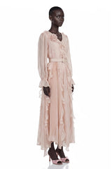 Amélie Pink VNeck Floral Ruffled Maxi Dress With Bell Sleeves