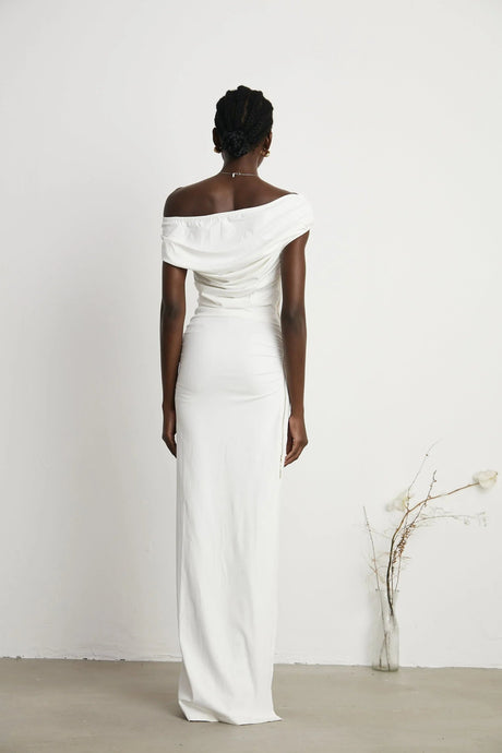 Amelina Maxi Dress - Off - The - Shoulder Design - Side Zip Fastening - Pleat Detailing - Side Slit Feature
