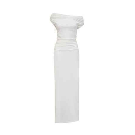 Amelina Maxi Dress - Off - The - Shoulder Design - Side Zip Fastening - Pleat Detailing - Side Slit Feature