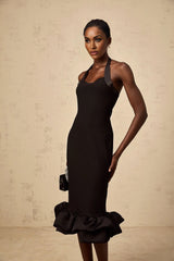 Amelina Midi Dress Black Halter - neck Bubble - Hem