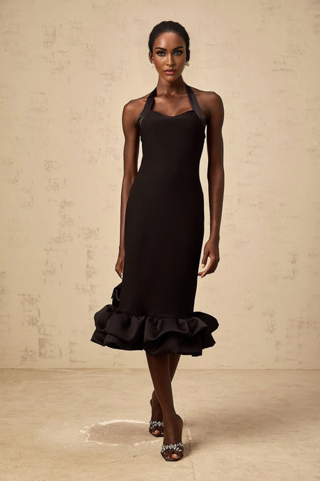 Amelina Midi Dress Black Halter - neck Bubble - Hem