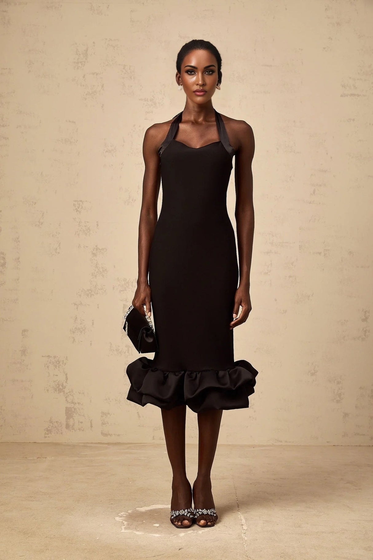 Amelina Midi Dress Black Halter - neck Bubble - Hem