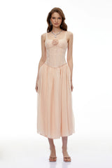 Amina Pink Floral Lace Midi Dress with Panels