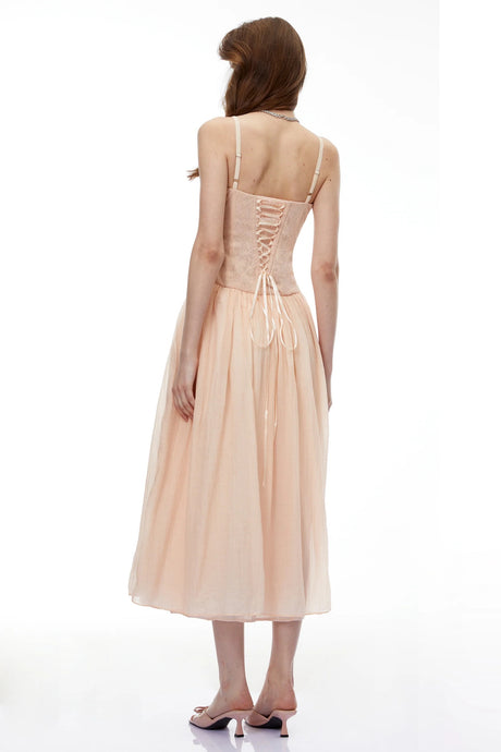 Amina Pink Floral Lace Midi Dress with Panels