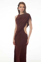 Amore Chocolate Brown One Shoulder Ruched Maxi Dress