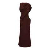 Amore Chocolate Brown One Shoulder Ruched Maxi Dress