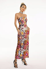 Amy Multicolor Floral Glitter Maxi Dress Strapless Sequin Embellished Vibrant Patterns Fitted Bodice Flowing Silhouette Evening Events Summer Weddings Chic Sophisticated Vibe