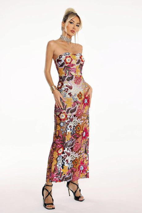 Amy Multicolor Floral Glitter Maxi Dress Strapless Sequin Embellished Vibrant Patterns Fitted Bodice Flowing Silhouette Evening Events Summer Weddings Chic Sophisticated Vibe