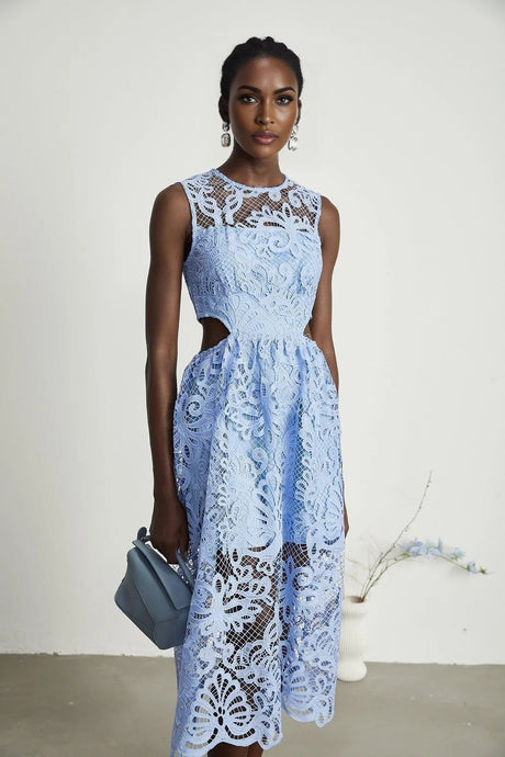 Amy Floral Midi Dress - Round Neck - Sleeveless - Cinched Waist - Cut - out Detailing