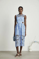 Amy Floral Midi Dress - Round Neck - Sleeveless - Cinched Waist - Cut - out Detailing