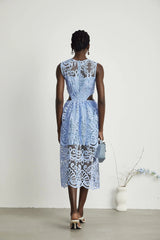 Amy Floral Midi Dress - Round Neck - Sleeveless - Cinched Waist - Cut - out Detailing