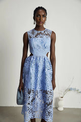 Amy Floral Midi Dress - Round Neck - Sleeveless - Cinched Waist - Cut - out Detailing