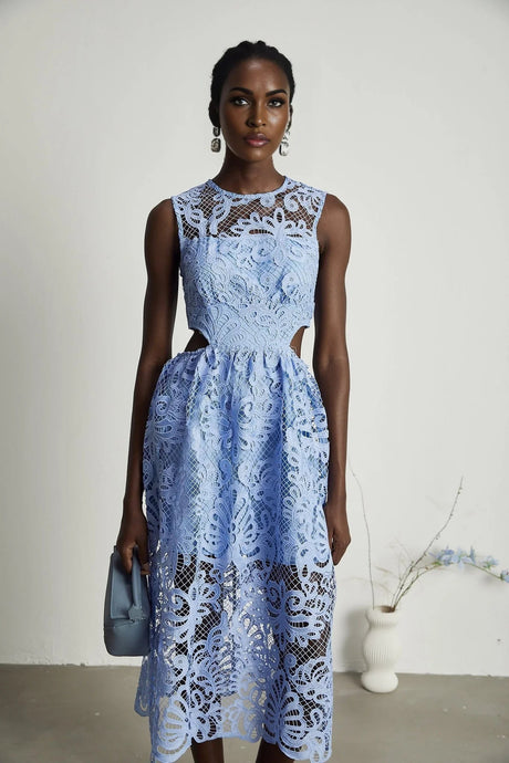 Amy Floral Midi Dress - Round Neck - Sleeveless - Cinched Waist - Cut - out Detailing