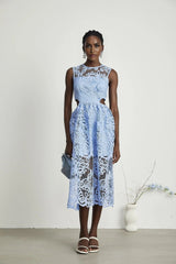 Amy Floral Midi Dress - Round Neck - Sleeveless - Cinched Waist - Cut - out Detailing