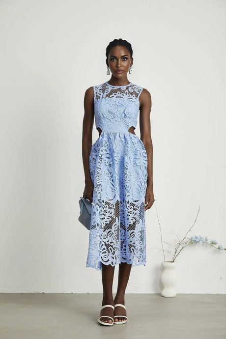 Amy Floral Midi Dress - Round Neck - Sleeveless - Cinched Waist - Cut - out Detailing