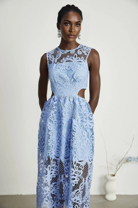 Amy Floral Midi Dress - Round Neck - Sleeveless - Cinched Waist - Cut - out Detailing