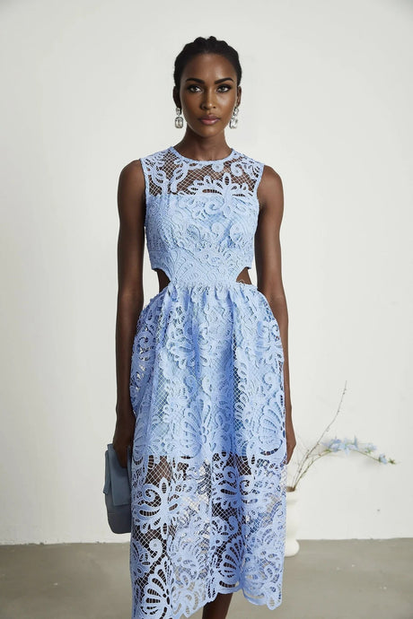 Amy Floral Midi Dress - Round Neck - Sleeveless - Cinched Waist - Cut - out Detailing