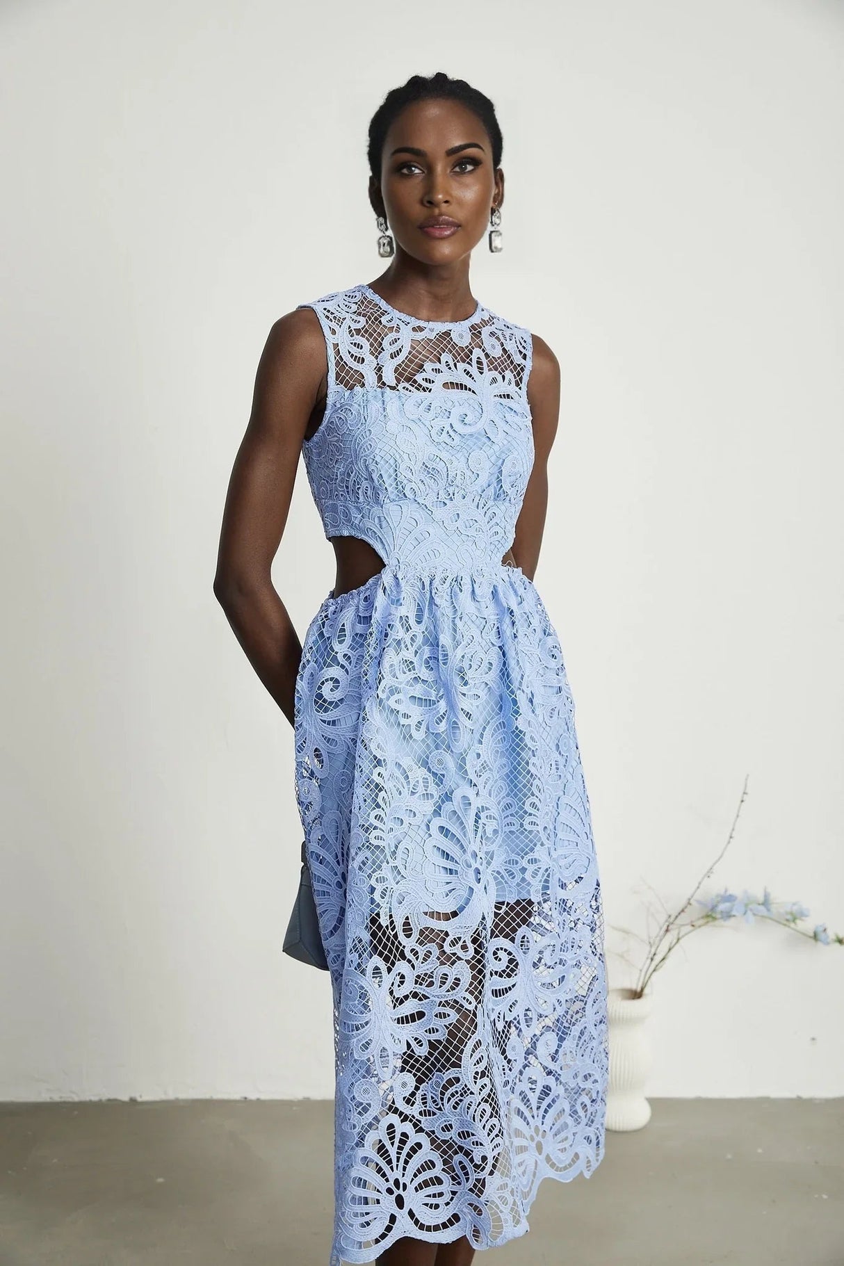 Amy Floral Midi Dress - Round Neck - Sleeveless - Cinched Waist - Cut - out Detailing