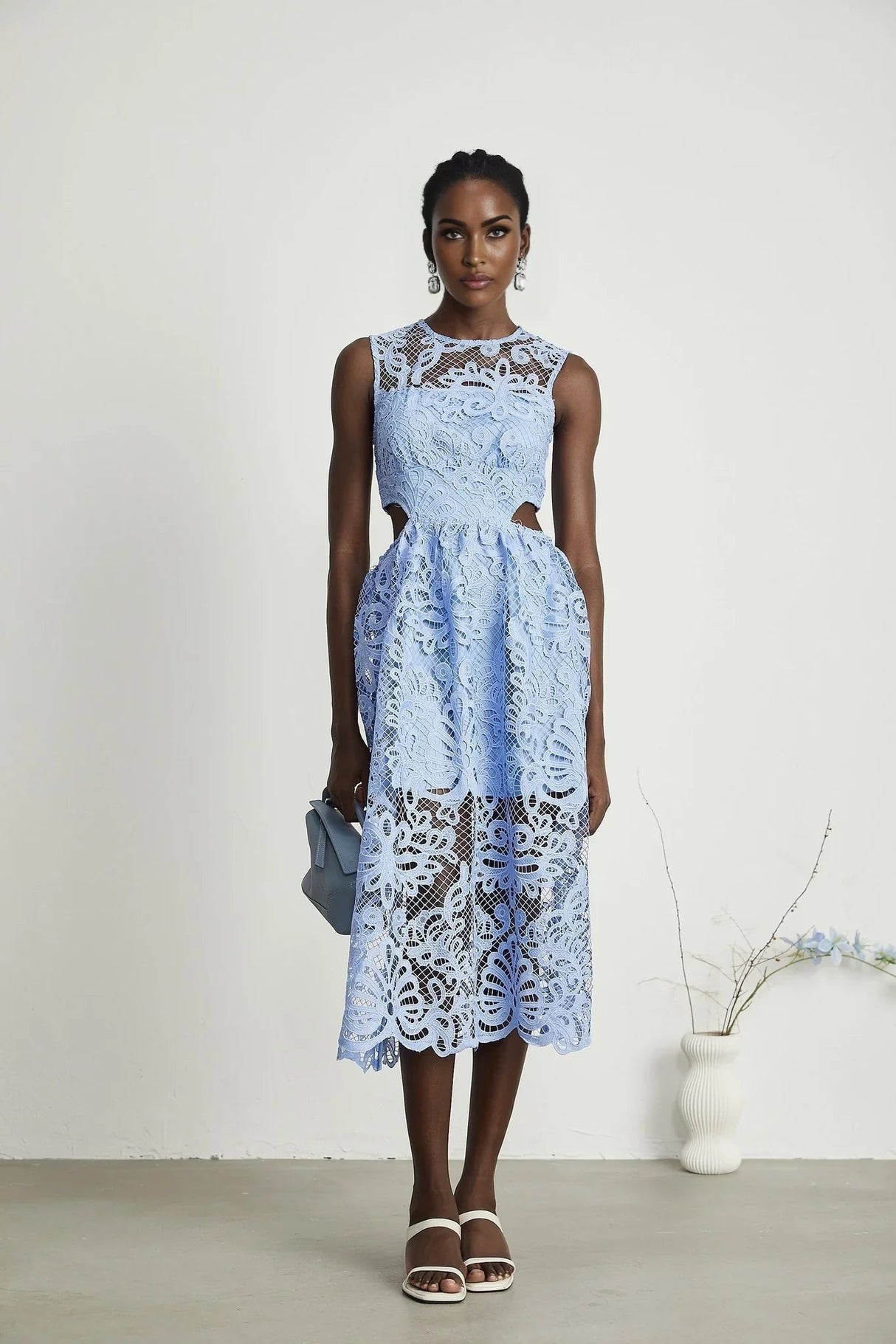 Amy Floral Midi Dress - Round Neck - Sleeveless - Cinched Waist - Cut - out Detailing