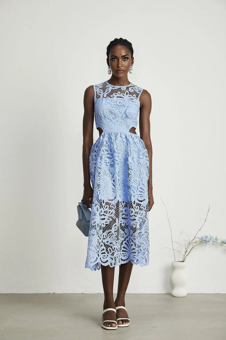 Amy Floral Midi Dress - Round Neck - Sleeveless - Cinched Waist - Cut - out Detailing