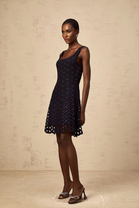 Amy Mini Dress Dark - Blue Crochet - Knit Rhinestone Embellished