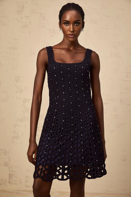 Amy Mini Dress Dark - Blue Crochet - Knit Rhinestone Embellished