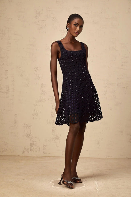 Amy Mini Dress Dark - Blue Crochet - Knit Rhinestone Embellished