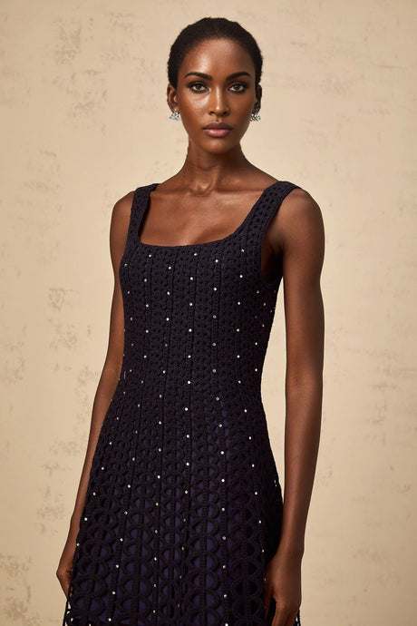 Amy Mini Dress Dark - Blue Crochet - Knit Rhinestone Embellished
