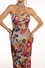 Amy Multicolor Floral Glitter Maxi Dress Strapless Sequin Embellished Vibrant Patterns Fitted Bodice Flowing Silhouette Evening Events Summer Weddings Chic Sophisticated