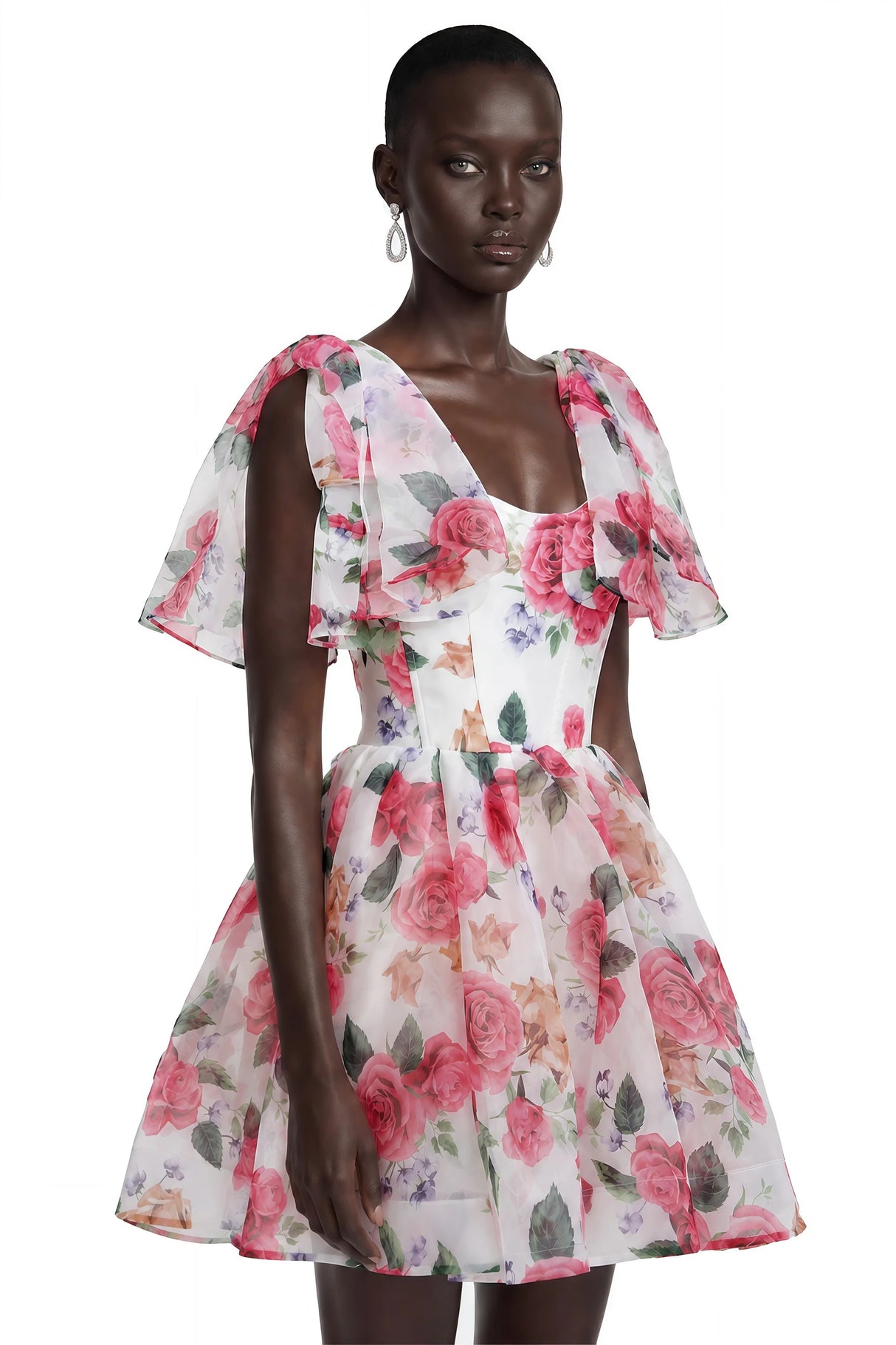 Amy Pink Floral Print Mini Dress with Bow Detail