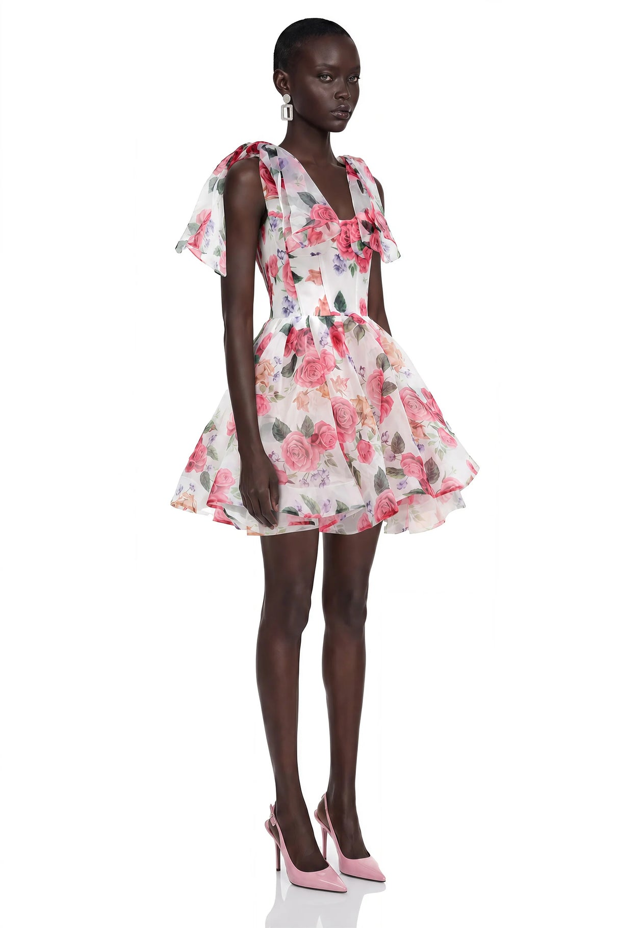 Amy Pink Floral Print Mini Dress with Bow Detail
