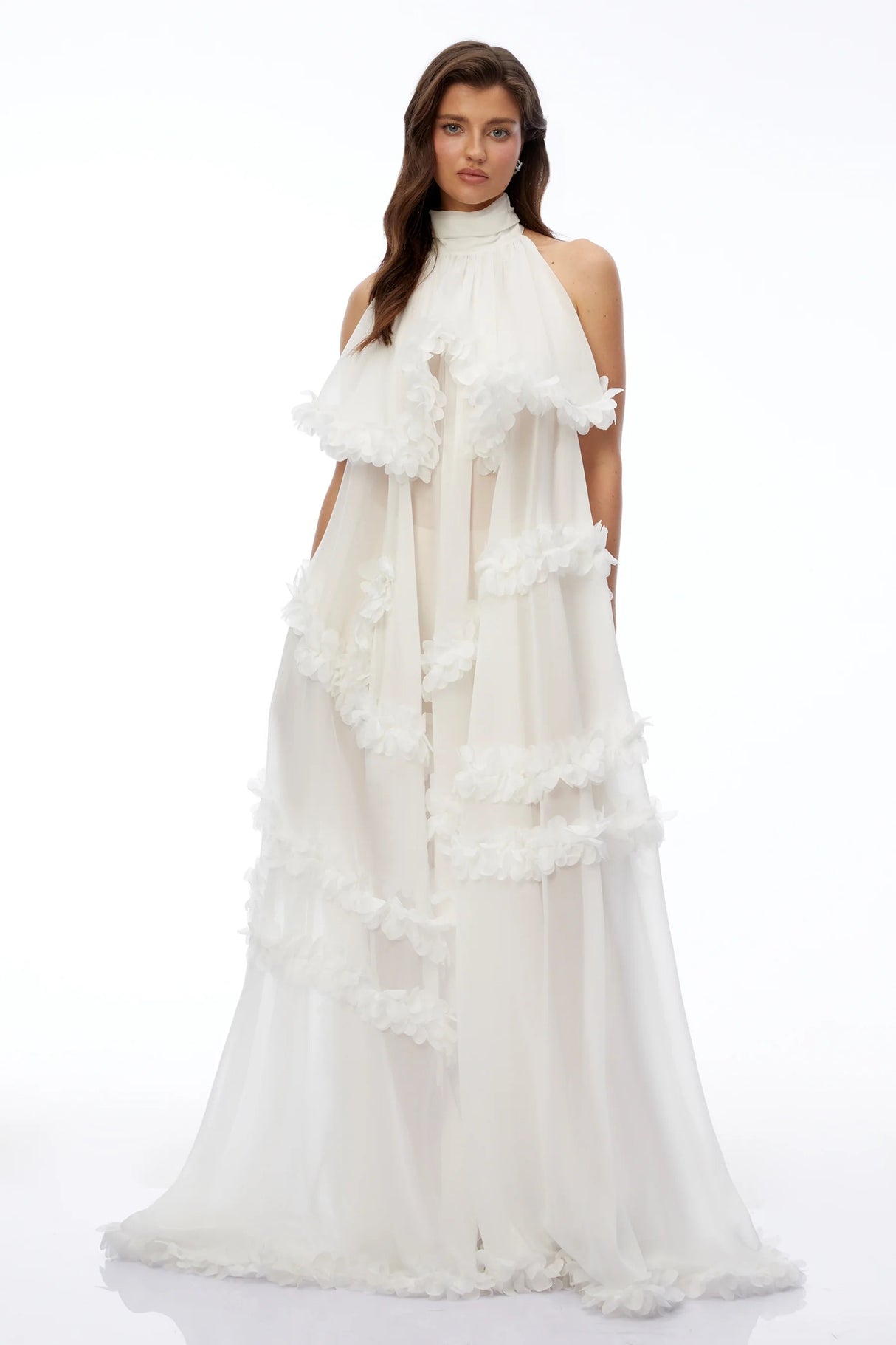 Anahere White Turtleneck Maxi Dress with Slit and 3D Florals