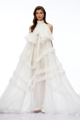 Anahere White Turtleneck Maxi Dress with Slit and 3D Florals