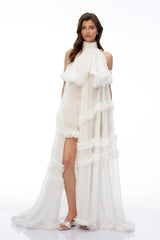 Anahere White Turtleneck Maxi Dress with Slit and 3D Florals