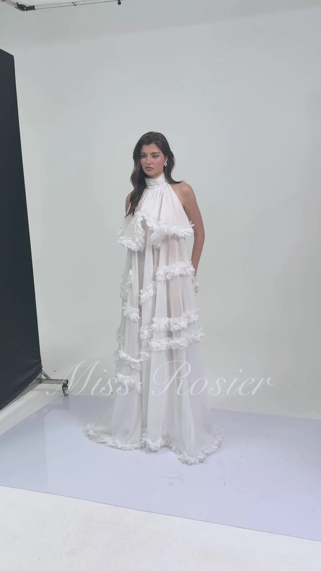 Anahere White Turtleneck Maxi Dress with Slit and 3D Florals