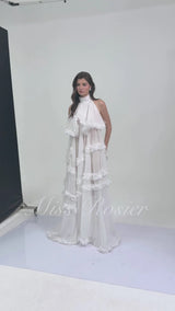 Anahere White Turtleneck Maxi Dress with Slit and 3D Florals