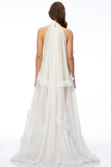 Anahere White Turtleneck Maxi Dress with Slit and 3D Florals