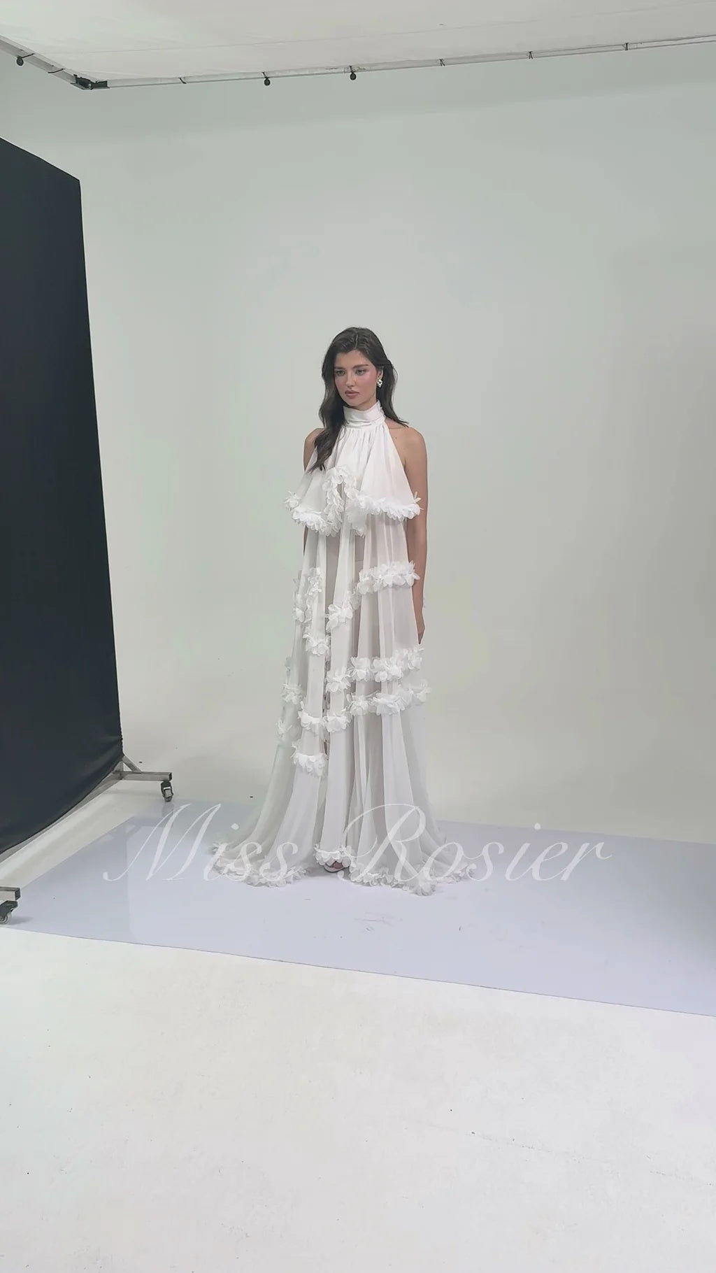 Anahere White Turtleneck Maxi Dress with Slit and 3D Florals