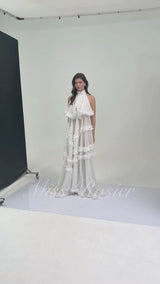 Anahere White Turtleneck Maxi Dress with Slit and 3D Florals