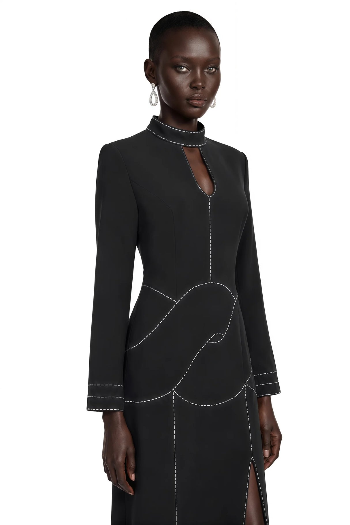 Anais Black High Neck Maxi Dress with Slit and Rhinestone Trim