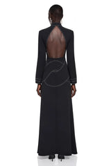 Anais Black High Neck Maxi Dress with Slit and Rhinestone Trim